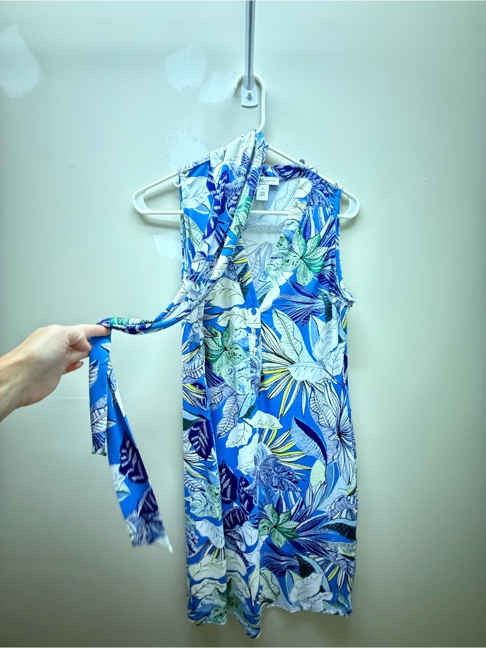 White House Black Market One-Shoulder Tropical Print Dress in Blue and Green
